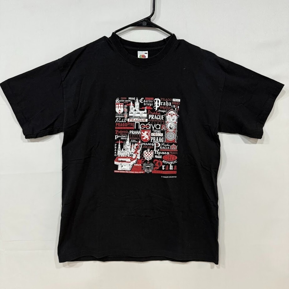 Fruit‎ of the Loom Prague Graphic T-Shirt Mens M Black Tourist Souvenir Tee